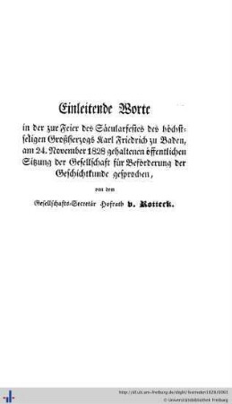 Eingangsrede des Hofraths und Professors Dr. v. Rotteck, als derzeitigen Secretärs.