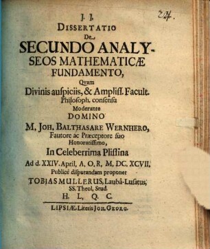 Dissertatio De Secundo Analyseos Mathematicae Fundamento