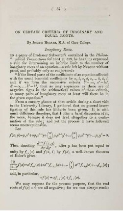 On certain criteria of imaginary and equal roots.