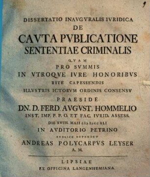 Dissertatio Inavgvralis Ivridica De Cavta Pvblicatione Sententiae Criminalis
