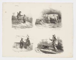 Skizzenblatt mit Mann, Jungen und zwei Hunden auf der Jagd; Kuhhirtin; Frau und Kind im Gespräch; Wanderer mit Hund, Blatt 8 der Folge "Deuxième série de croquis"