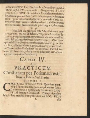 Caput IV. idque Practicum Christianam per Porismata exhibens in Fide ac Vita Praxin.