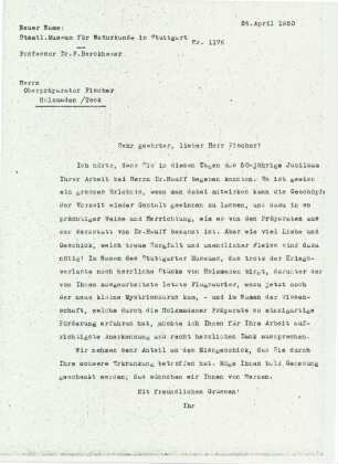 Brief Berckhemer an Oberspräparator Fischer bei Hauff zur Aussprache seiner Anerkennung zum 50jährigen Jubiläum