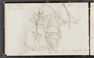 Skizze eines reitenden Bogenschützen nach einem Relief vom Palast des Assurbanipal; Studie eines Armes mit Schleuder