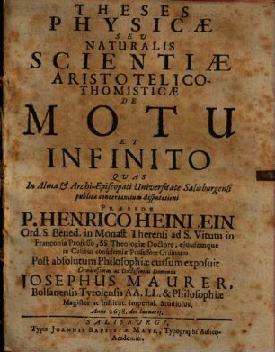 Theses Physicae Seu Naturalis Scientiae Aristotelico-Thomisticae De Motu Et Infinito