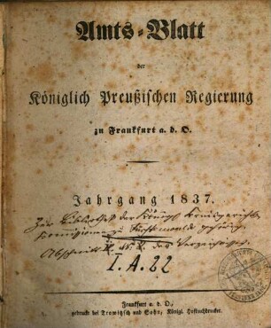 Amtsblatt der Regierung zu Frankfurt a.d. Oder. 1837