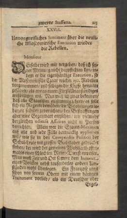 XXVII. Unvorgreifliches Sentiment über die neuliche Moscowitische Execution wieder die Rebellen.