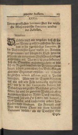XXVII. Unvorgreifliches Sentiment über die neuliche Moscowitische Execution wieder die Rebellen.