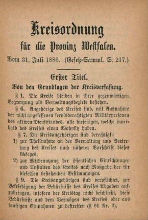 Kreisordnung für die Provinz Westfalen. Vom 31. Juli 1886.