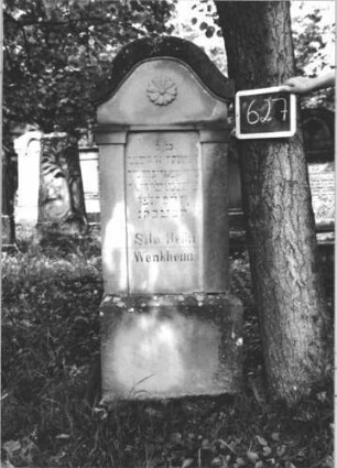 Grabstein 627 (Index: 99895294) Material: Sandstein Zustand: gut Maße HxBxT: 152x52x20 cm Beschreibung: Stele mit langgezogenem Konvexbogenabschluss; Sockel Symbolik: Blüte: Grabstein 627 (1)
