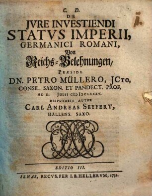 De Jvre Investiendi Statvs Imperii, Germanici Romani : = Von Reichs-Belehnungen
