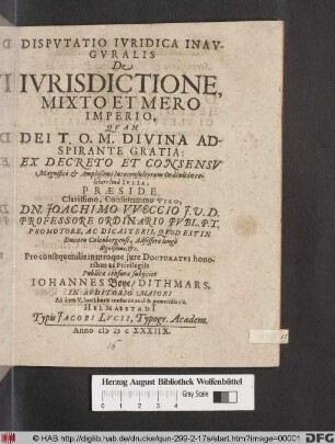Disputatio Iuridica Inauguralis De Iurisdictione, Mixto Et Mero Imperio