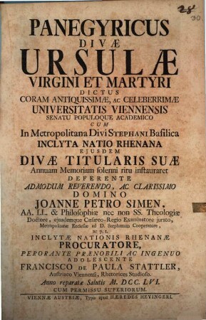 Panegyricus Divae Ursulae Virgini et Martyri