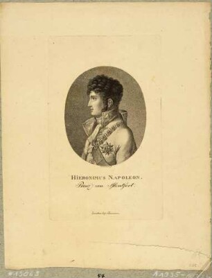 Bildnis des Bruders Napoleon Bonapartes und zeitweiligen Königs von Westphalen Jérôme Bonaparte Napoléon, Brustbild in Uniform im Profil nach links
