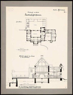 Gesellschaftshaus in einem Garten: Grundriss, Querschnitt 1:100 und 1:200