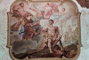 Herkules mit besiegten Feinden vor Eurystheus, rechts die Befragung des Delphischen Orakels