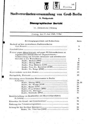 Nr. 17, 17. Juni 1949, Ordentliche Sitzung