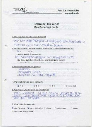 Schmier' dir eins! - Das Butterbrot heute Ausgefüllter Fragebogen