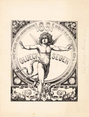 Neujahr Glückwunsch Karte 1881: Schwebender Putto