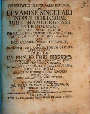 Diss. inaug. ... de levamine singulari inopiae debitorum, iure Hamburgensi introducto