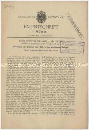 Patentschrift einer Vorrichtung zum Einbringen einer Welle in ihre geschlossene Endlager, Patent-Nr. 34696