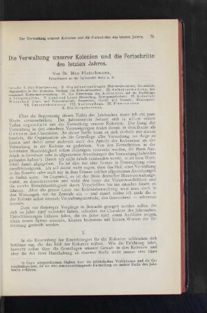 Die Verwaltung unserer Kolonien und die Fortschritte des letzten Jahres.