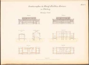 Lehrerseminar, Osterburg: Bedürfnisanstalt: 2 Ansichten, 2 Querschnitte, Längsschnitt, 2 Grundrisse 1:100