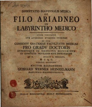Dissertatio Inauguralis Medica De Filo Ariadneo In Labyrintho Medico