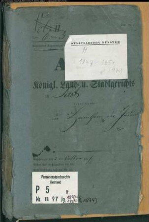 Belegakte zu den Zivilstandsregistern der Juden mit den Orten Bettinghausen, Dinker, Eickelborn, Hovestadt, Körbecke, Lohne, Oestinghausen, Ostönnen, Sassendorf, Soest, Welver und Weslarn (H 1847-1854)