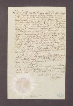 Der Dekan und das Kapitel des Hochstifts Speyer quittieren Markgraf August Georg Simpert von Baden-Baden den Empfang von 3.000 Gulden