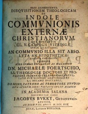 Disquisitio theol. de indole communionis externae Christianorum