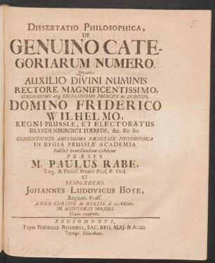 Dissertatio Philosophica, De Genuino Categoriarum Numero