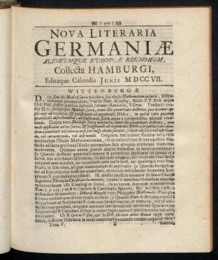 Nova Literaria Germaniæ Aliorumque Europæ Regnorum, Collecta Hamburgi, Editaque Calendis Junii MDCCVII.