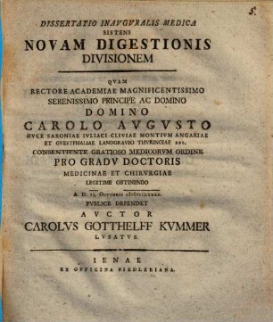 Dissertatio inauguralis medica sistens novam digestionis divisionem