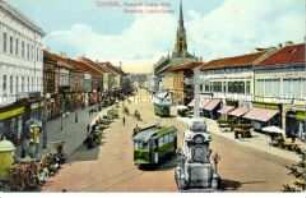 Ansicht der Kossuth Lajos-Gasse in der ungarischen Stadt Ujvidék (Neusatz), (heute Slowakei)