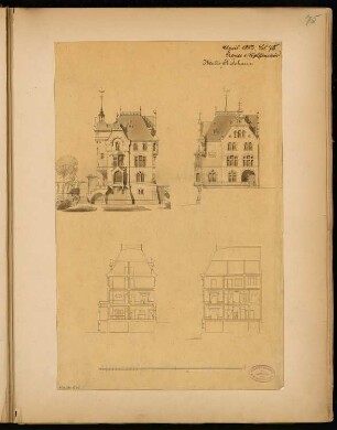 Wohnhaus für F. Pabst, Saarbrücken-St. Johann Monatskonkurrenz April 1883: Aufriss Straßenansicht, Gartenansicht, Längsschnitt, Querschnitt; Maßstabsleiste