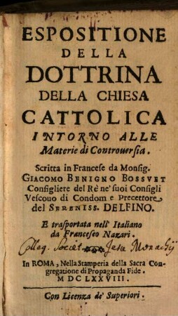 Espositione della Dottrina della chiesa cattolica intorno alle materie di Controversia