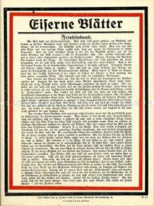 Patriotisches Flugblatt aus der Reihe "Eiserne Blätter", Nr. 61: "Friedliebend"
