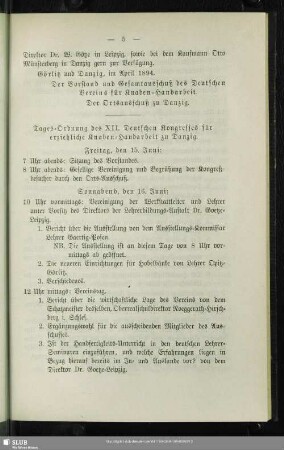 Tages-Ordnung des XII. Deutschen Kongresses für erziehliche Knaben-Handarbeit zu Danzig