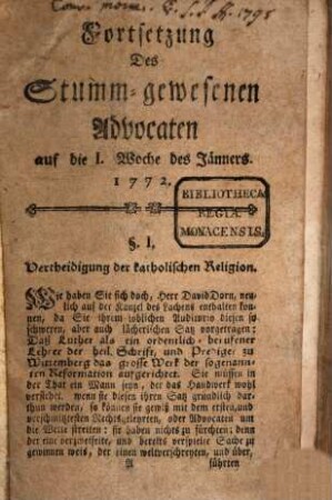 Der stumm gewesene Advocat : auf d. Jahr .... 1772