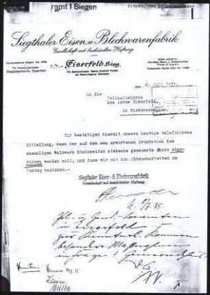 Firmenbriefkopf Siegthaler, Eisen- u. Blechwarenfabrik