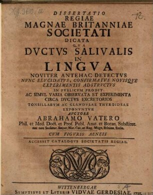 Diss. ... qua ductus salivalis in lingua noviter antehac detectus, nunc elucidatus ... in publicum prodit