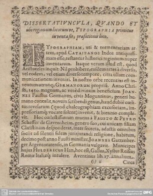 DISSERTATIUNCULA, QUANDO ET ubi regionum locorum ve, TYPOGRAPHIA primitus inventa sit; fraefationis loco.