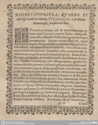 DISSERTATIUNCULA, QUANDO ET ubi regionum locorum ve, TYPOGRAPHIA primitus inventa sit; fraefationis loco.