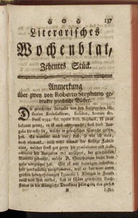 Literarisches Wochenblat, Zehentes Stück.