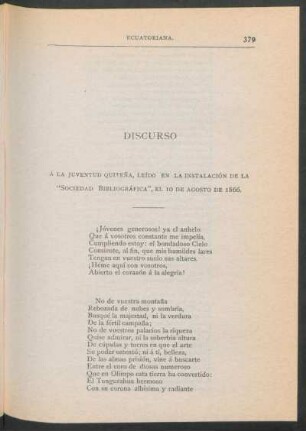 Discurso á la juventud Quiteña, leído en la instalación de la "Sociedad Bibliográfica", el 10 de agosto de 1866