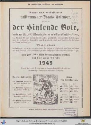 Neuer und verbesserter vollkommener Staats-Kalender, genannt der Hinkende Bote, ... auf das Jahr 1949.