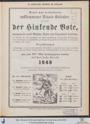 Neuer und verbesserter vollkommener Staats-Kalender, genannt der Hinkende Bote, ... auf das Jahr 1949.