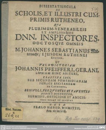 Dissertatiuncula de scholis et illustri cumprimis Rutheneo