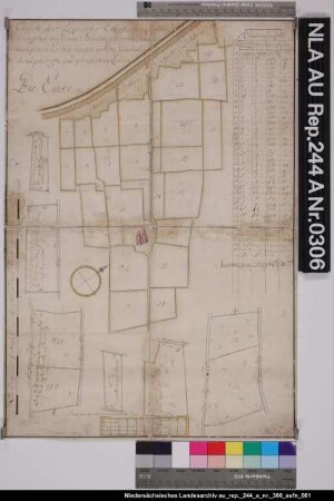Die Loquarder Erbpachtshöfe bei LOQUARD mit sämtlichen nutzbaren Grundstücken Kolorierte Zeichnung von A. Fuchs Papier Format 36,5x53,0 M 1:3.500